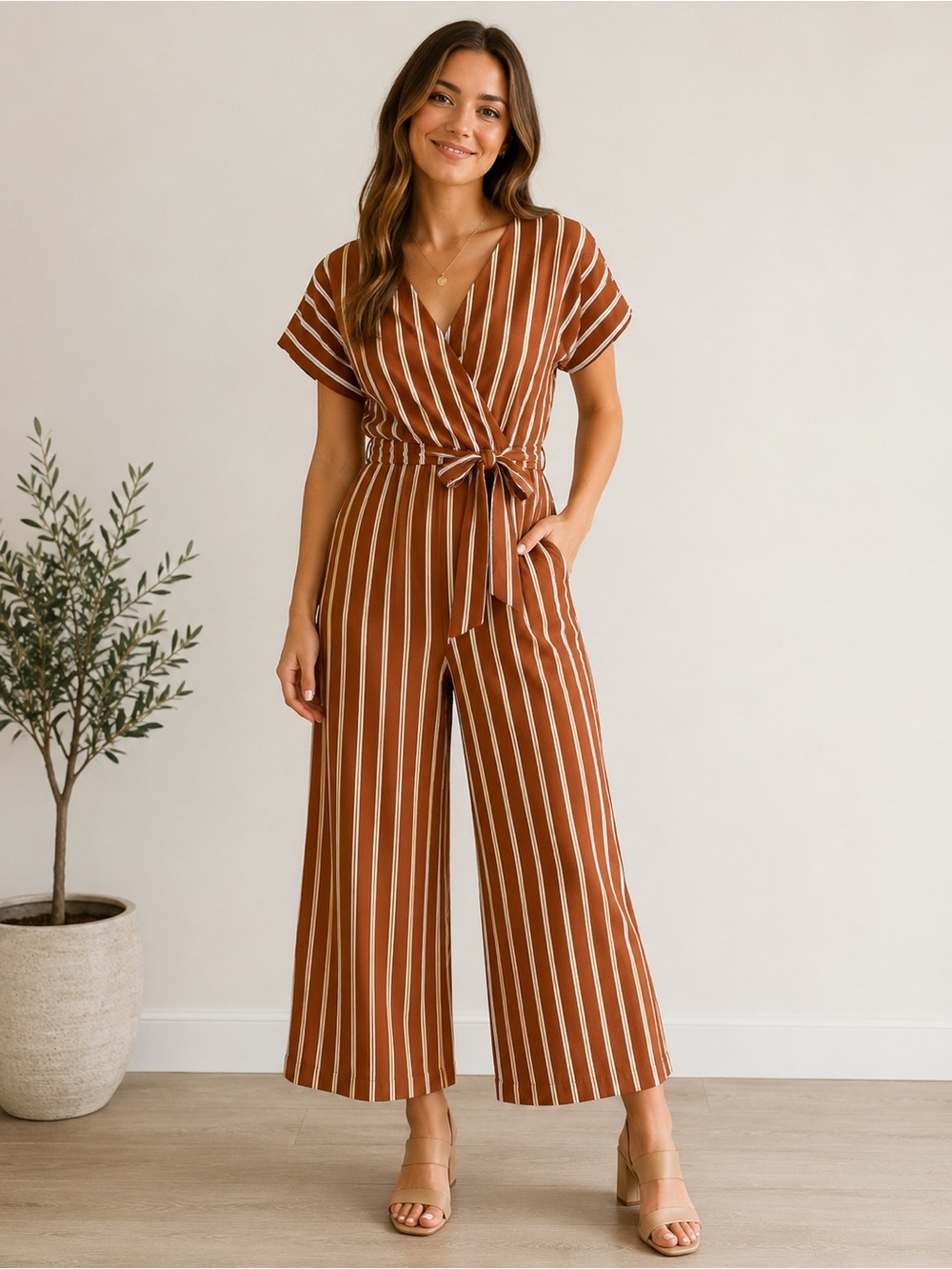 Lily Black Burnt Orange Striped Jumpsuit Size‎ 10 Wide Leg Tie Waist Boho Romper